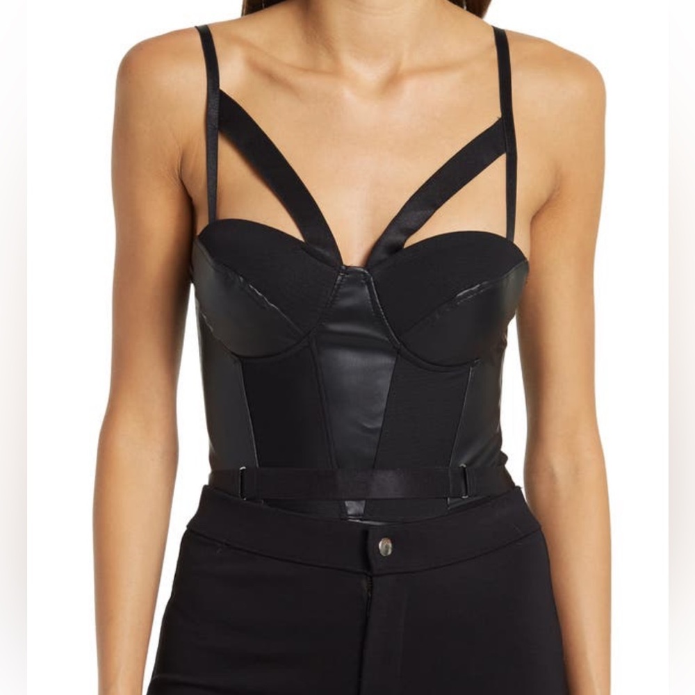 Vegan leather mesh lace-up bodysuit